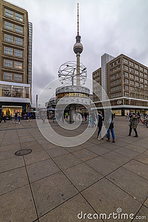 February 05, 2020: View of the Television Tower Fernsehturm in Berlin from Alexander Platz. The famous TV towe Editorial Stock Photo